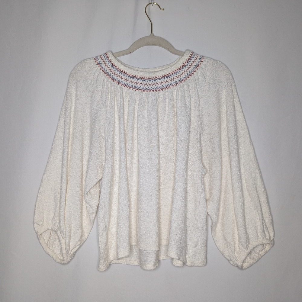 Madewell Women Cream Beige Peasant Smocked Balloon Sleeve Top M